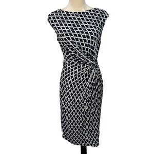 Lauren Ralph Lauren Black White Leaf Print Faux Wrap Cap Sleeve Career Dress 8